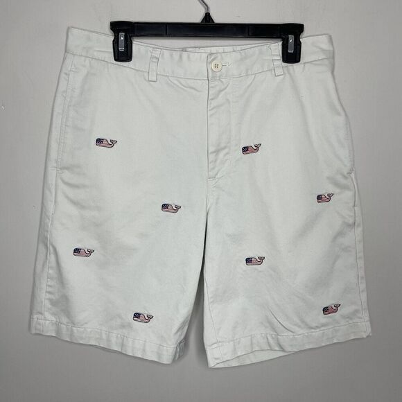 VINEYARD VINES Club Shorts Mens 33 Beige USA Flag Whale Embroidered All Over - Picture 1 of 10